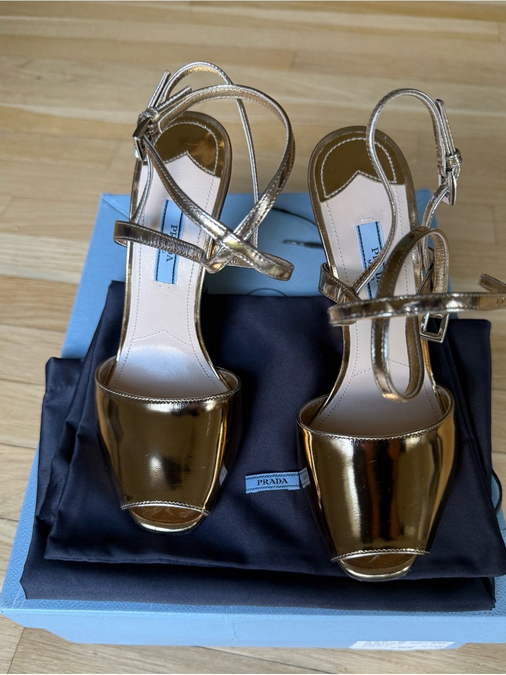 Prada Gold Metallic Open-Toe Ankle-Strap Sandals